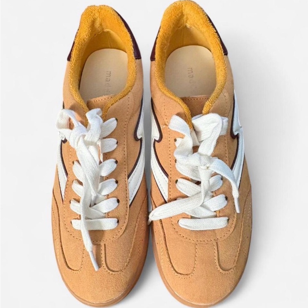 Madden Girl Suede Retro Sneaker in Tan with White Stripe